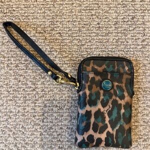 Coach Women’s Wristlet Wallet Leopard Black Brown Teal w/Zipper  Closure